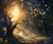 © Vergiliy - Enchanting forest pathway illuminated by golden sunlight, surrounded by blooming flowers and lush greenery, copy space for text, close up detail