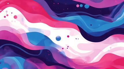 Wall Mural - A vibrant abstract design featuring flowing, wavy shapes in a mix of rosy, blue, and purple hues, with scattered small circles adding a dynamic touch.