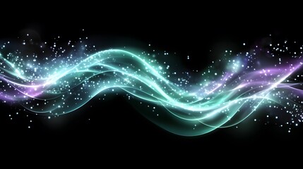 Wall Mural - Abstract design featuring flowing teal and purple lines, dotted with sparkling white particles, set against a deep black background.