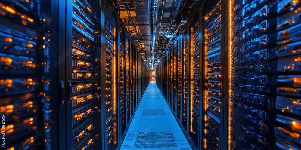Data center corridor with illuminated server racks and advanced ...