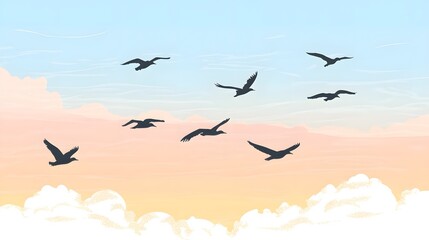 Wall Mural - Silhouettes of seagulls soar through a pastel-hued sunrise sky filled with fluffy clouds.