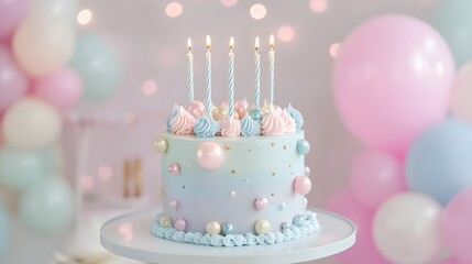 Wall Mural - A beautifully decorated birthday cake, adorned with pastel-colored frosting, edible pearls, and decorative accents, sits on a stand amidst a celebratory backdrop of balloons.