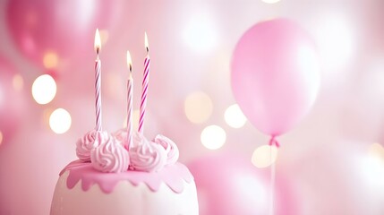 Wall Mural - A delightful pink birthday cake with burning candles and a soft focus background of balloons, radiating a festive atmosphere.