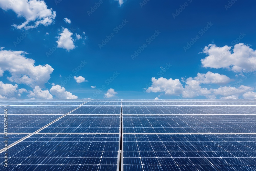 Vast solar panel farm generating clean energy under a beautiful blue ...