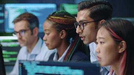 Diverse group of analysts working with computer code in a data center for cybersecurity, IT, technology solutions, and business analysis.