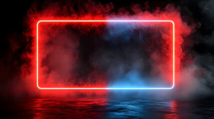 Wall Mural - A vibrant neon-lit rectangular frame, defined by contrasting red and blue lights, stands out against a smoky, dark background.