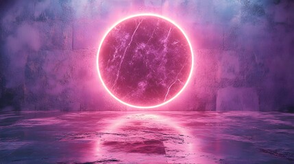 Wall Mural - A vibrant, neon-pink circle illuminates a textured, concrete space, evoking a futuristic, ethereal mood.