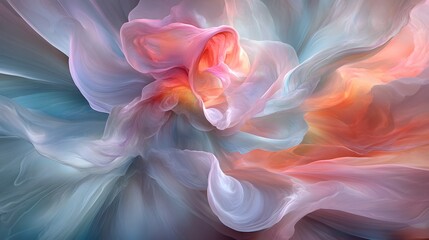 Wall Mural - A swirling vortex of soft, flowing fabrics in a dreamy palette of pastel pinks, oranges, and blues.