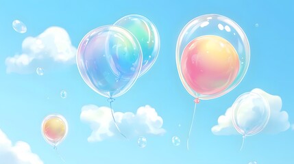 Wall Mural - Delicate pastel balloons and bubbles float against a cerulean sky filled with fluffy white clouds, creating a dreamy and cheerful atmosphere.