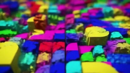 Abstract colorful block landscape featuring vibrant block design, a modern and creative rendering with a shallow depth of field, showcasing art and creativity.