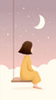 © istorsvetlana - Young girl on swing in dreamy night sky with stars and crescent moon