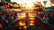 © Karo - Two friends clink beer glasses at a music festival at sunset.