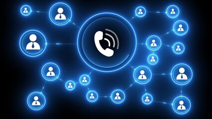 Businessman press web telephone icon button, Glowing neon background, Motion graphics of 