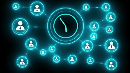 Businessman press web clock time sign button, Glowing neon background, Motion graphics of 