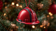 © Ramses - red metallic builders helmet hangs from a decorated Christmas tree, bathed in warm, twinkling lights. The scene blends construction gear with holiday cheer, suggesting work and celebration together.