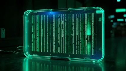 Futuristic transparent tablet displaying glowing digital code in a dark, modern environment
