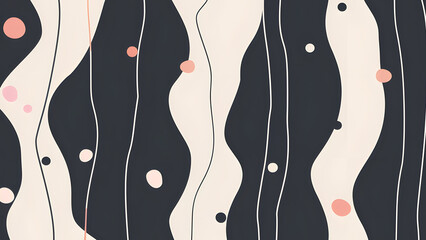 Black and beige flat design features curvy shapes and circle accents.  Perfect for branding, abstract wallpaper, or use as a template for digital backgrounds.