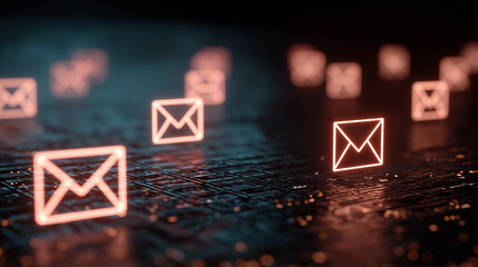 Vivid neon envelope icon in a futuristic digital setting, symbolizing email, messaging, and online communication. Ideal for tech, networking, and marketing visuals.