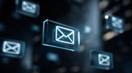 Vivid neon envelope icon in a futuristic digital setting, symbolizing email, messaging, and online communication. Ideal for tech, networking, and marketing visuals.