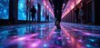 © Viktor - Visitor walks on illuminated interactive floor projection mapping installation art. Futuristic, immersive experience with digital lights, vibrant colours. Abstract, modern, creative design for