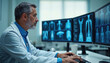 © Viktor - Male doctor in lab coat examines medical x-ray scans on multiple monitors in modern clinic office. Specialist analyzes patient datum, diagnosis, health care technology. Research, study for patient