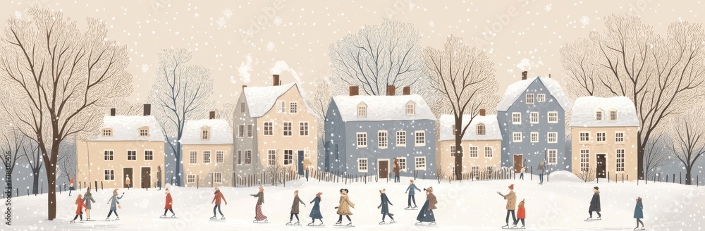 Charming winter scene of an old town with people ice skating and houses ...