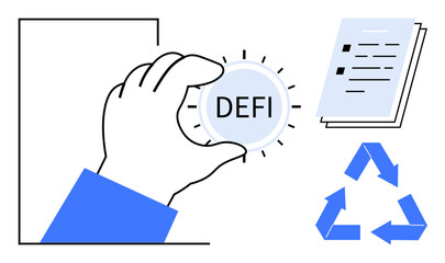 Wall Mural - Hand holding DeFi coin, stack of documents, and a recycling symbol. Ideal for finance, blockchain, sustainability, decentralized systems, eco-systems digital economy innovation. Simple flat