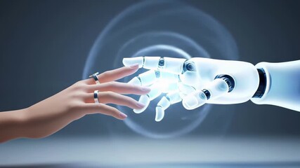 Futuristic 3d animation of a human hand touching a robot hand, creating a connection between humanity and ai
