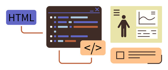 Code editor with colorful syntax, HTML tag, visual data charts, user interface elements, and connections. Ideal for web development, programming, design, analytics education workflow simple flat