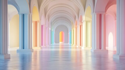 Wall Mural - A vibrant, pastel-hued colonnaded hallway stretches into the distance, showcasing a spectrum of soft colors.