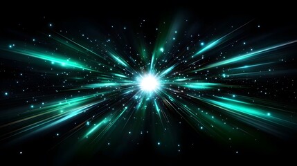 Wall Mural - A vibrant explosion of turquoise light rays emanates outward from a central point against a deep black backdrop, filled with glittering specks of light.