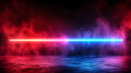 Wall Mural - Neon light beams of red and blue illuminate a smoky, dark concrete floor.