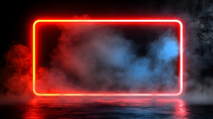 Wall Mural - Neon red and blue rectangle frame in a smoky, dark setting.