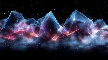Wall Mural - Abstract digital landscape featuring vibrant, multicolored, glowing, polygonal shapes.