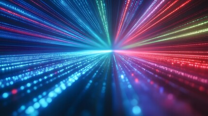 Wall Mural - A dynamic, vibrant digital tunnel of radiating light beams, filled with glowing particles, stretching into a bright central point.