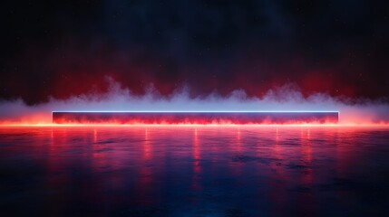 Wall Mural - A vibrant neon structure glows against a backdrop of fiery hues and a reflective surface, creating a mesmerizing futuristic scene.