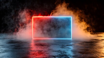 Wall Mural - A vibrant, neon-lit rectangle frame stands out against a backdrop of swirling smoke and a dark, textured floor.
