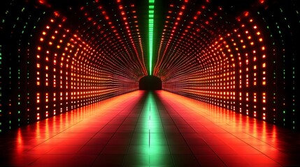 Wall Mural - A vibrant tunnel, illuminated by a network of red and green LED lights, creates a captivating and futuristic atmosphere.