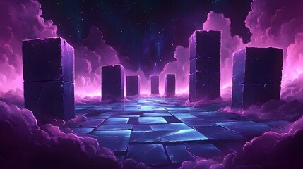 Wall Mural - A long, paved walkway lined with imposing, dark blocks extends into a vast, purple-hued, cloudy sky filled with stars.