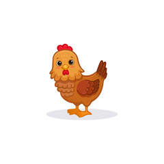Wall Mural - Cartoon chicken. Cute hen isolated on white. Bird for Easter, decor, invitation, cards, food packaging cover design, advertising banner, postcard. Chick in flat style. Vector illustration  