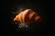 © Jelena - Golden butter croissant levitating with crumbs and powdered sugar burst against dark backdrop high speed splash and dramatic rim lighting bakery hero shot