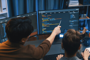 Smart IT developer looking at coding program application on computer screen of online website at back side, analyzing intelligent database system development on business marketing at office. Infobahn.