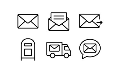 Linear icons of email communication: envelopes, mailbox, delivery, and messaging