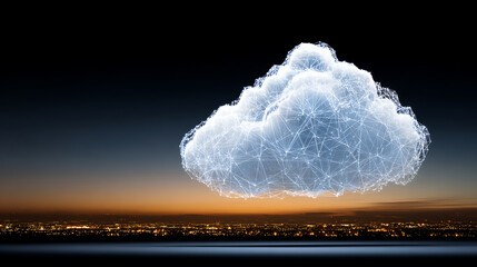 Digital cloud network over cityscape at twilight