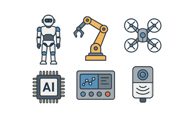 Futuristic technology icons featuring robotics, artificial intelligence, and automation in a modern design