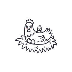 Wall Mural - Cartoon chicken. Cute hen isolated on white. Bird for Easter, decor, invitation, cards, food packaging cover design, banner, postcard. Chick in doodle style. Vector illustration 