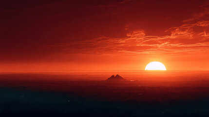 Wall Mural - Breathtaking sunset casts warm orange glow over horizon, illuminating landscape with vibrant colors. sun slowly descends, creating serene atmosphere that evokes sense of peace and wonder