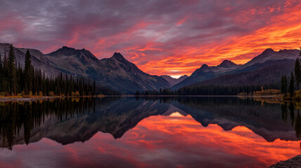 Wall Mural - Majestic mountains surround tranquil lake at sunset, reflecting vibrant orange and purple hues in water. serene landscape evokes sense of peace and natural beauty