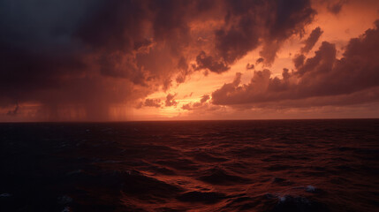 Wall Mural - Breathtaking sunset over ocean, showcasing dramatic clouds illuminated by vibrant orange and red hues. scene captures beauty of nature, with waves gently rolling beneath colorful sky