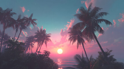 Wall Mural - Serene sunset over tranquil ocean, framed by lush palm trees. vibrant colors of pink and blue create peaceful atmosphere, inviting relaxation and reflection